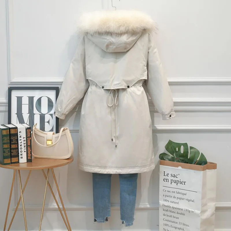 FTLZZ, пуховик с воротником из натурального меха енота, зимняя куртка, Женская белая парка на утином пуху, съемная подкладка, теплое пальто с капюшоном