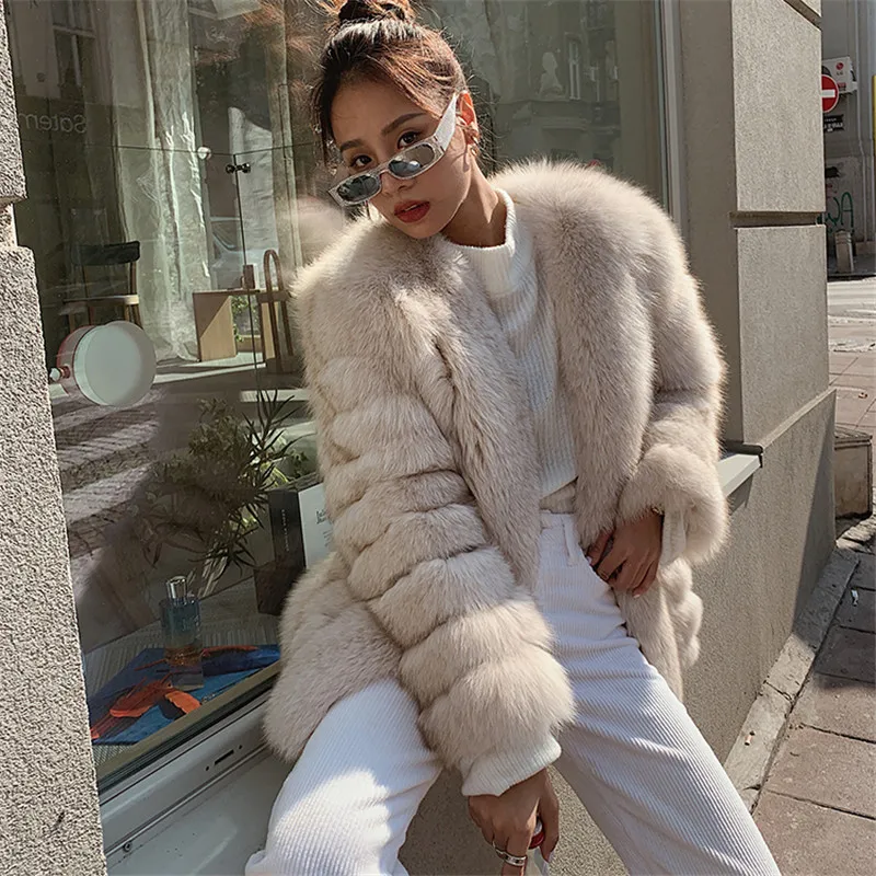 New Real Fox Fur Coat Sexy Women's Jackets High Quality Splicing V-neck  Outerwear Winter Warm Genuine Leather Winter Clothes - Real Fur - AliExpress