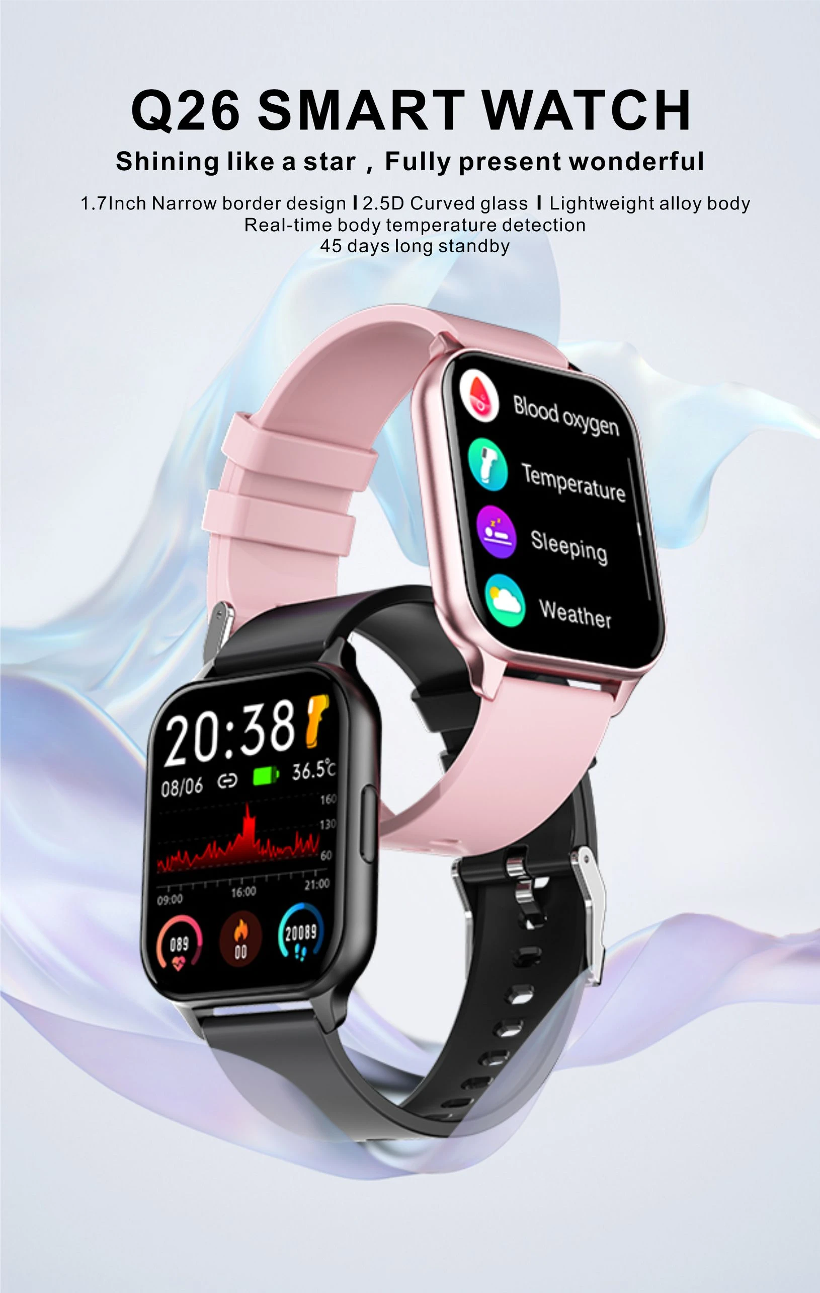 2022 Body temperature,Health monitoring of heart rate, blood pressure and blood oxygen，Music control ,IP68 Smartwatch
