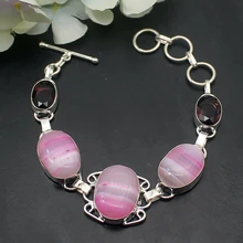 Необычные натуральные BotswanaAgate аметистт 925 Стерлингового Серебра Талисманы цепи браслеты 7,75 дюймов H323