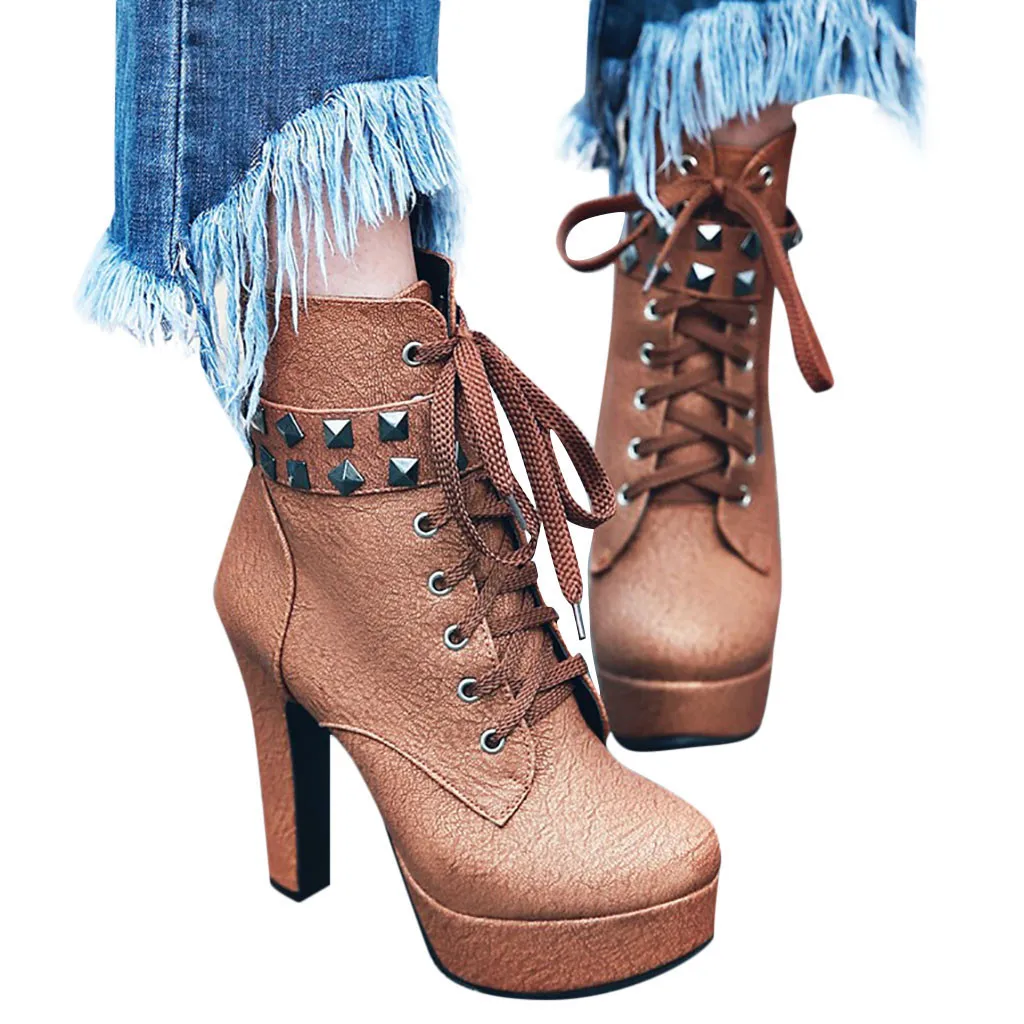 women shoes high heel Round Toe Lace Up Ankle Buckle Chunky High Heel Platform Knight Boots sapato feminino#y2*1