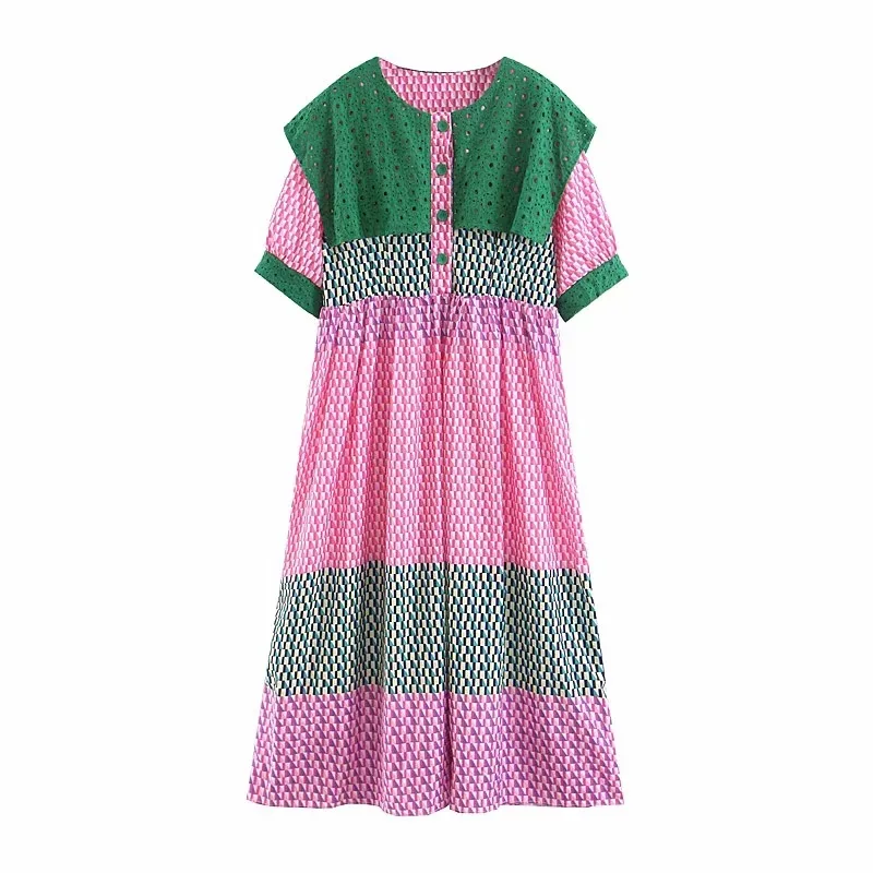 

2019 Summer New Style Korean-style Fashion Retro Hollow out Lace Joint Floral-Print Contrast Color Doll Fold-down Collar Dress W