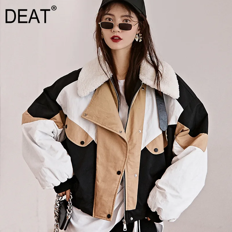 

DEAT 2020 New Turn-down Collar Fur Patchwork Contrast Colors Lantern Sleeves Single Breasted Cotton-padded Coat 19F-a16