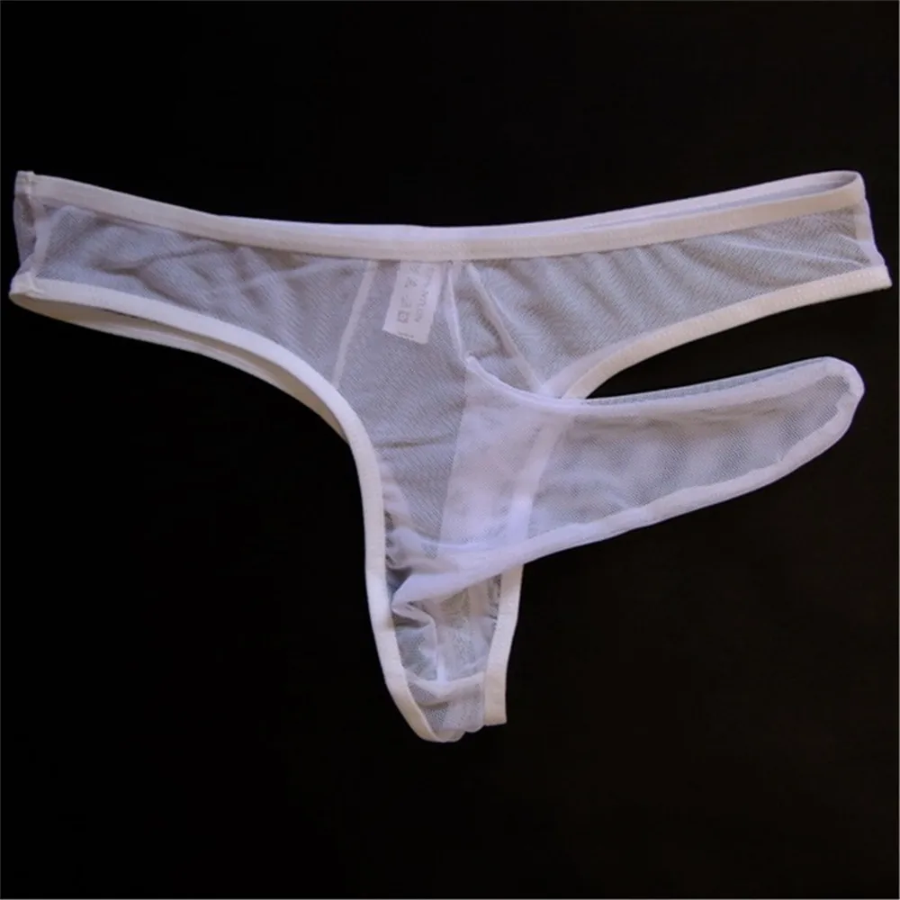 Ультра-тонкие сетчатые стринги для мужчин, увеличивающие пенис, сексуальные мужские стринги и стринги, бикини, нижнее белье, прозрачные сексуальные мужские танга, марлевые трусы - Цвет: Белый