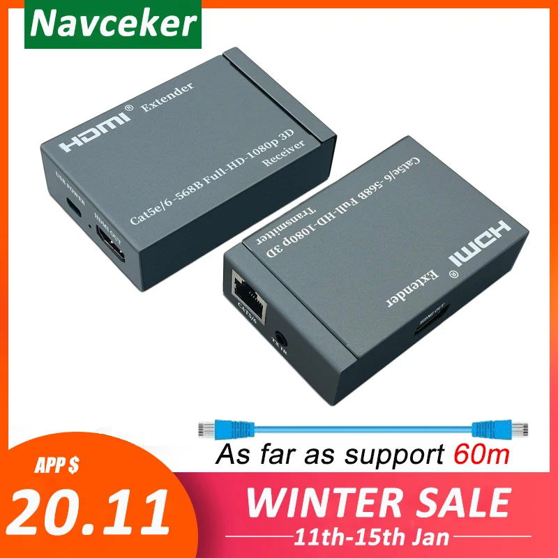 Удлинитель HDMI с 2 портами расширитель 1080P сигнала до 60 м передатчик RJ45 TX/RX