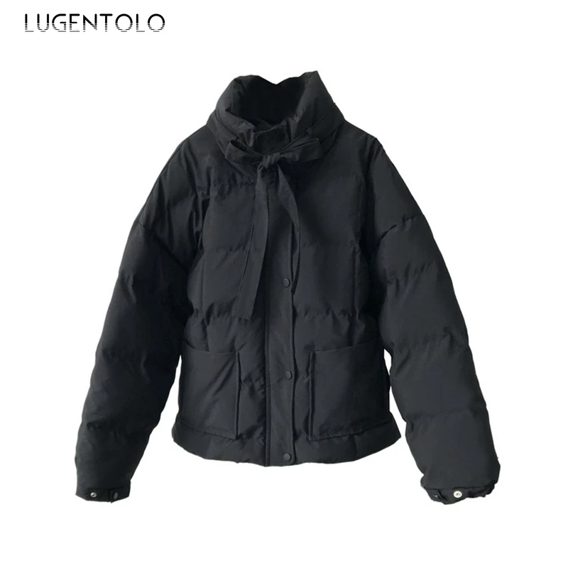 Lugentolo парка, Женское зимнее пальто, осенняя плотная теплая свободная повседневная одежда, Студенческая однотонная парка со стоячим воротником и шнуровкой