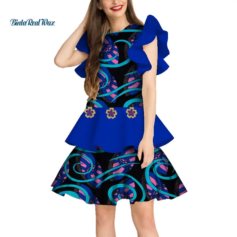 

Fashion Bazin Riche Dress Vestido Cotton African Wax Print Dresses for Women Ruffled double lace African Design Clothing WY3197