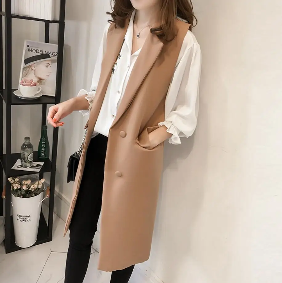 autumn new women laple sleeveless solid patchwork double breasted casual long vest women fashion waistcoat tide r2045