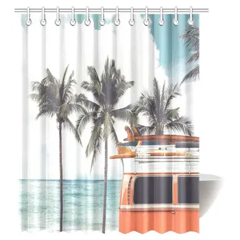 

Retro Summer Surfboard Decor, Vintage Car in The Beach with Surfboard on The Roof Journey Sky Transportation Fabric Bathroom