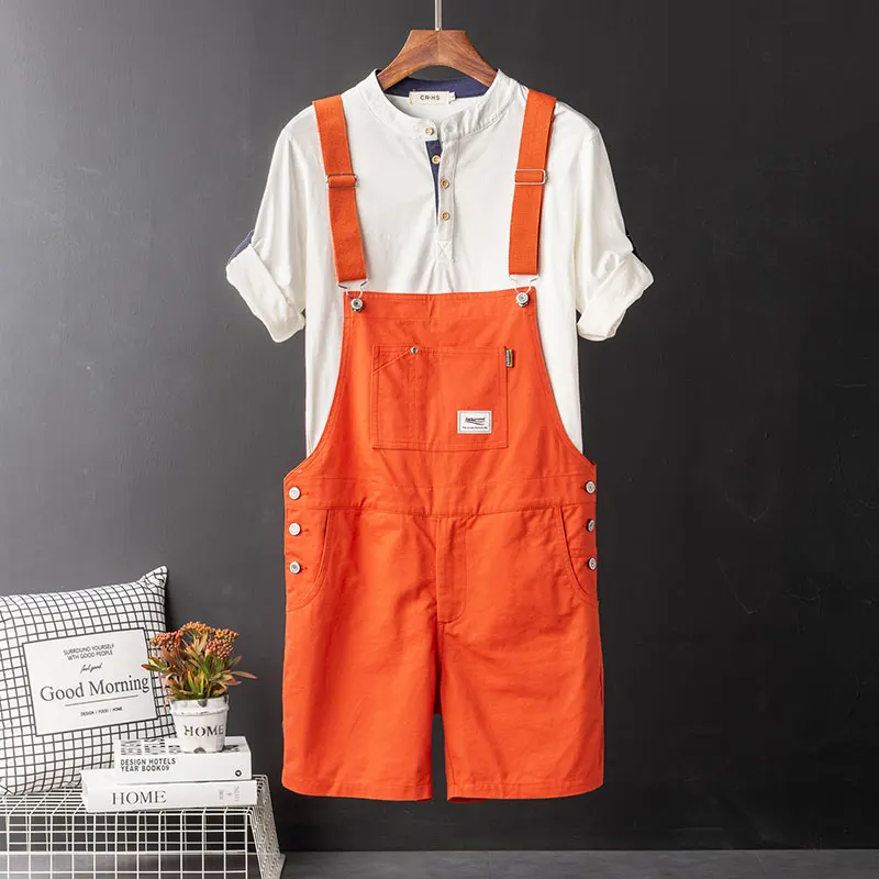 2021 Summer Overalls Shorts For Men Bib Jumpsuits Cotton Straight Loose Red Orange Yellow Khaki Male Solid Casual Pants Clothing