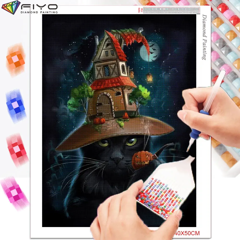 Huacan Full Square Diamond Art Painting Mosaic Black Cat Set Diamond  Embroidery Cross Stitch Animal Home Decoration