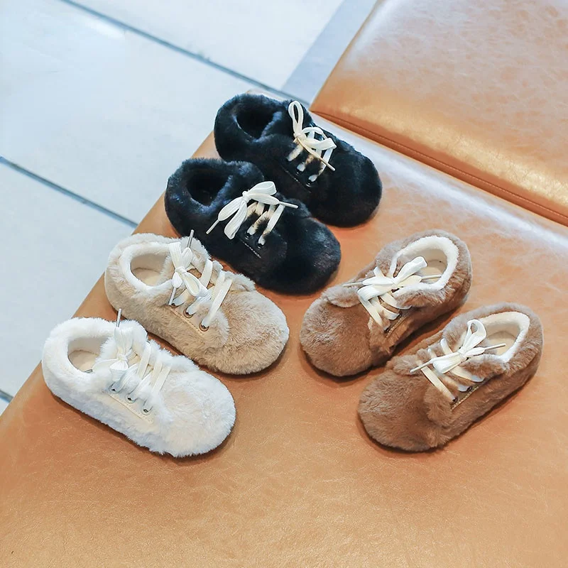 Children Solid Plush Shoes for Boys 2021 Winter New Girls Warm Lace up Non slip Soft Moccasin