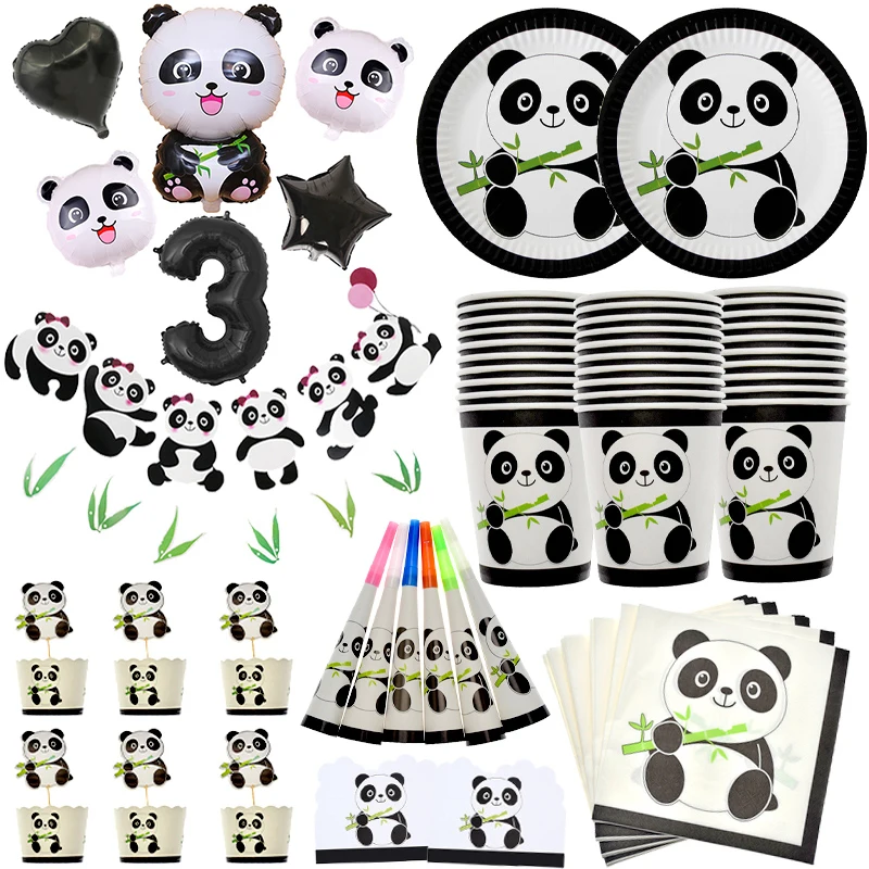 Panda Theme Birthday Party Decorations Kids Disposable Tableware Set Plate Napkin Baby Shower Favors Cartoon Panda Balloon 81pcs cartoon dog theme kids birthday party decorations disposable paper cup napkin plate baby shower supplies gift bags