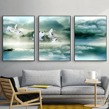 

Green Lake and Animal Crane Poster Fog Fluttering Hd Print Home Decoration Canvas Painting Bedroom Living Room Wall Decoration