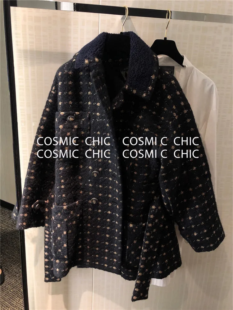 Cosmicchic, Зимняя шерстяная куртка для отдыха, черный элегантный двубортный твидовый тканый пояс, клетчатое Женское пальто