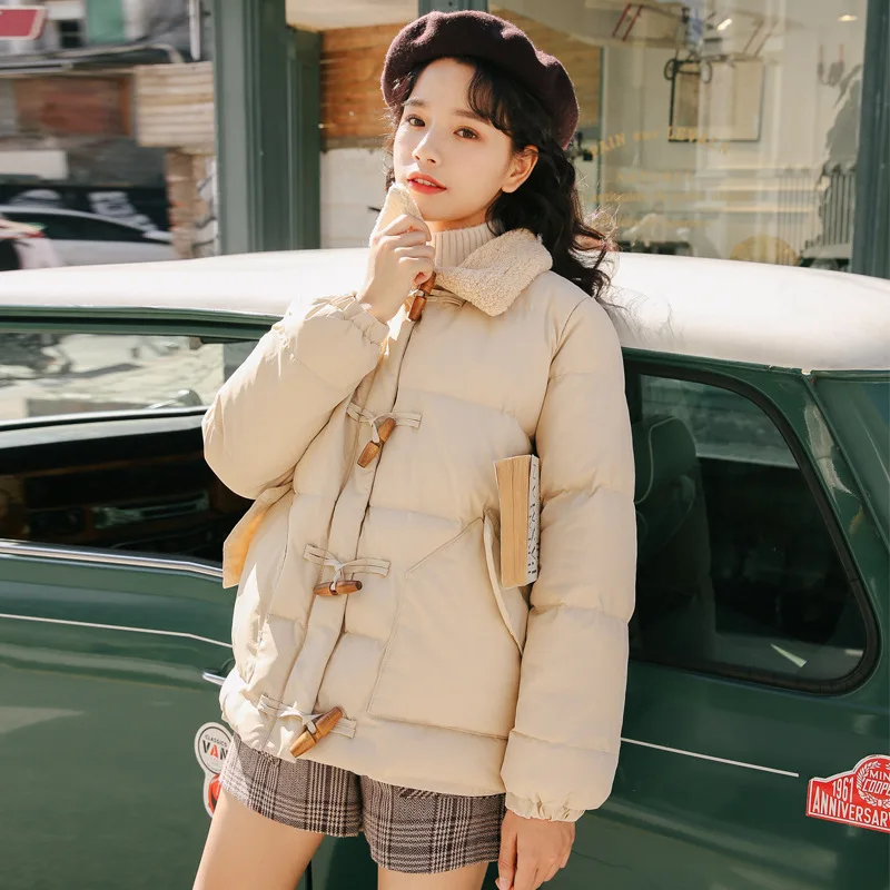 

2019 Winter New Style Korean-style Warm College Style Lamb Fur Collar Toggle Thick Cotton Coat
