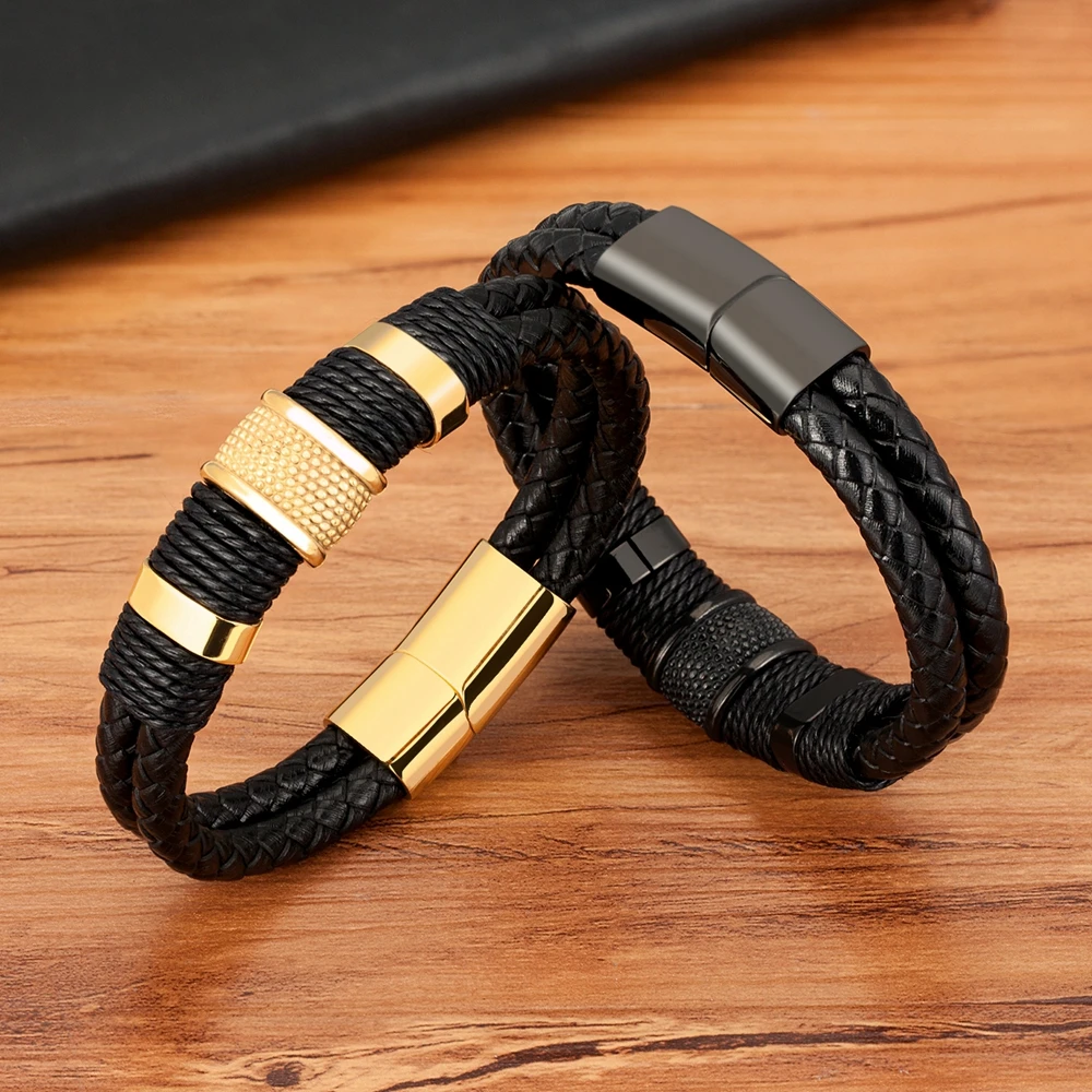 Black Blue Braided Leather Bracelet for Men Stainless Steel - Image 5