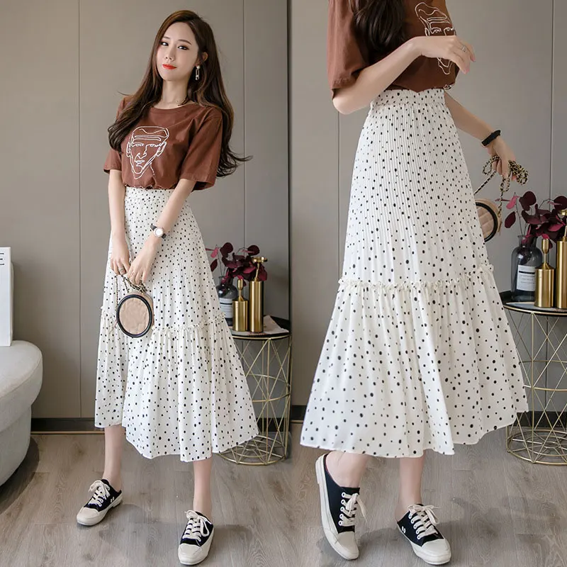 Faldas Mujer 2020 Spring/Summer A-Line Skirts Women High Waist Dot Chiffon Casual Jupe Femme Saias Bohemia Outwear | Женская одежда