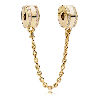 

925 Silver Color Charms With Gold Shine Crystal Safety Chain For Pandora Diy Women Charms Gift