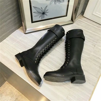 

Women Lace-up Chelsea Boots Zipper Knee Martin Boots Pure Black Genuine Leather keep warm in autumn and winter
