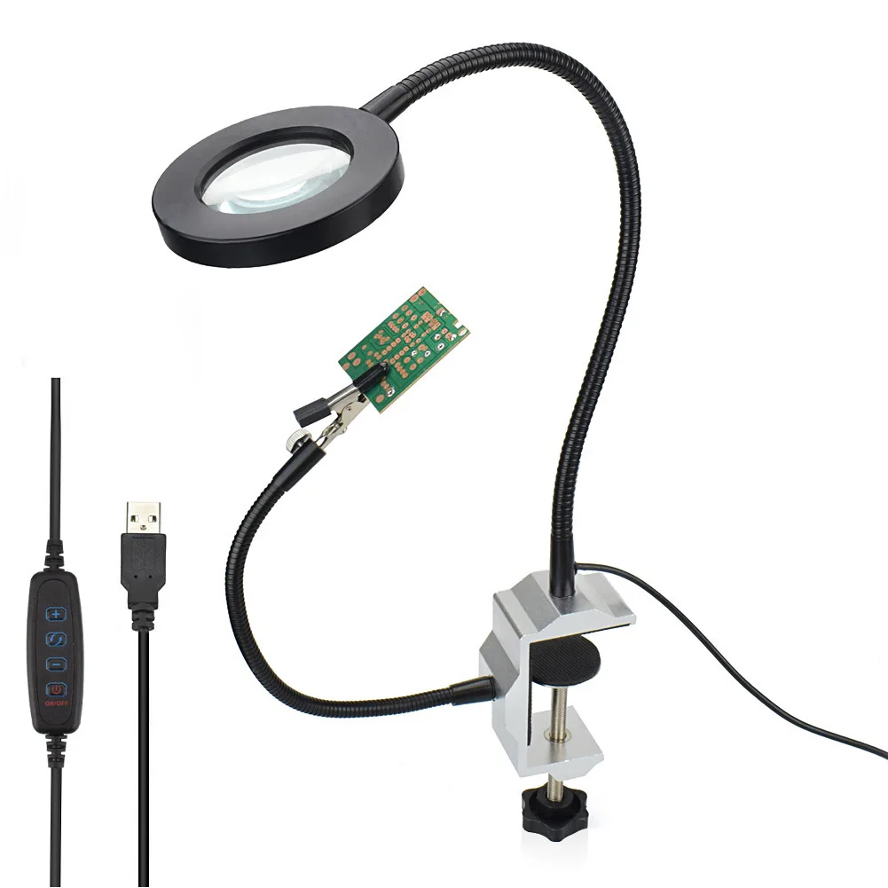 Светодиодная паяльная станция с гибким рычагом тиски, стол с зажимом из алюминиевого сплава USB интерфейс стабильный 3X лупа Практичный простой в эксплуатации инструмент