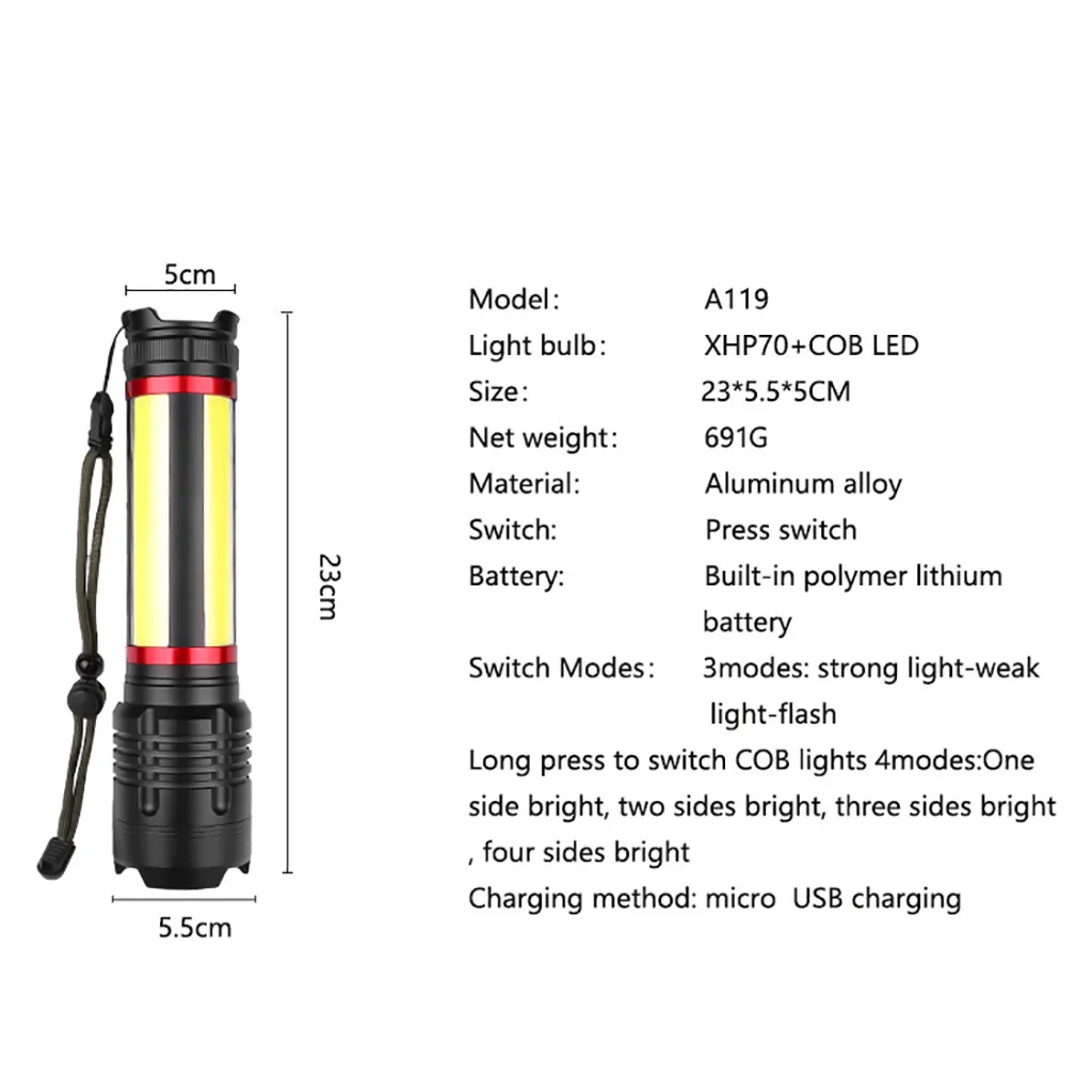 Светодиодный фонарь XHP70+ COB USB Перезаряжаемый водонепроницаемый фонарь ультра яркий Прямая поставка
