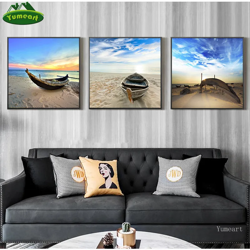 Stile Moderno Sea Beach Boat And Blue Sky Poster Nordic Canvas Paintings Print Pop Wall Art Picture Living Room Office Home Decor