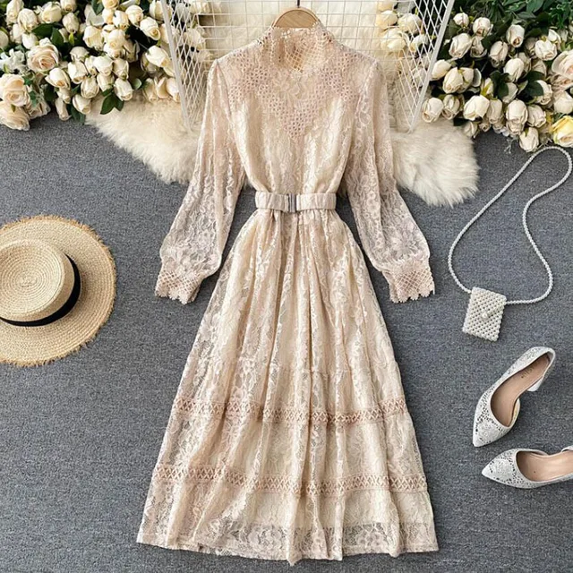 Elegant Stand Collar Women Lace Dress Sweet Hollow Out Slim Long Sleeve Midi Long Dress 2021 Spring High waist Party Vestidos 3