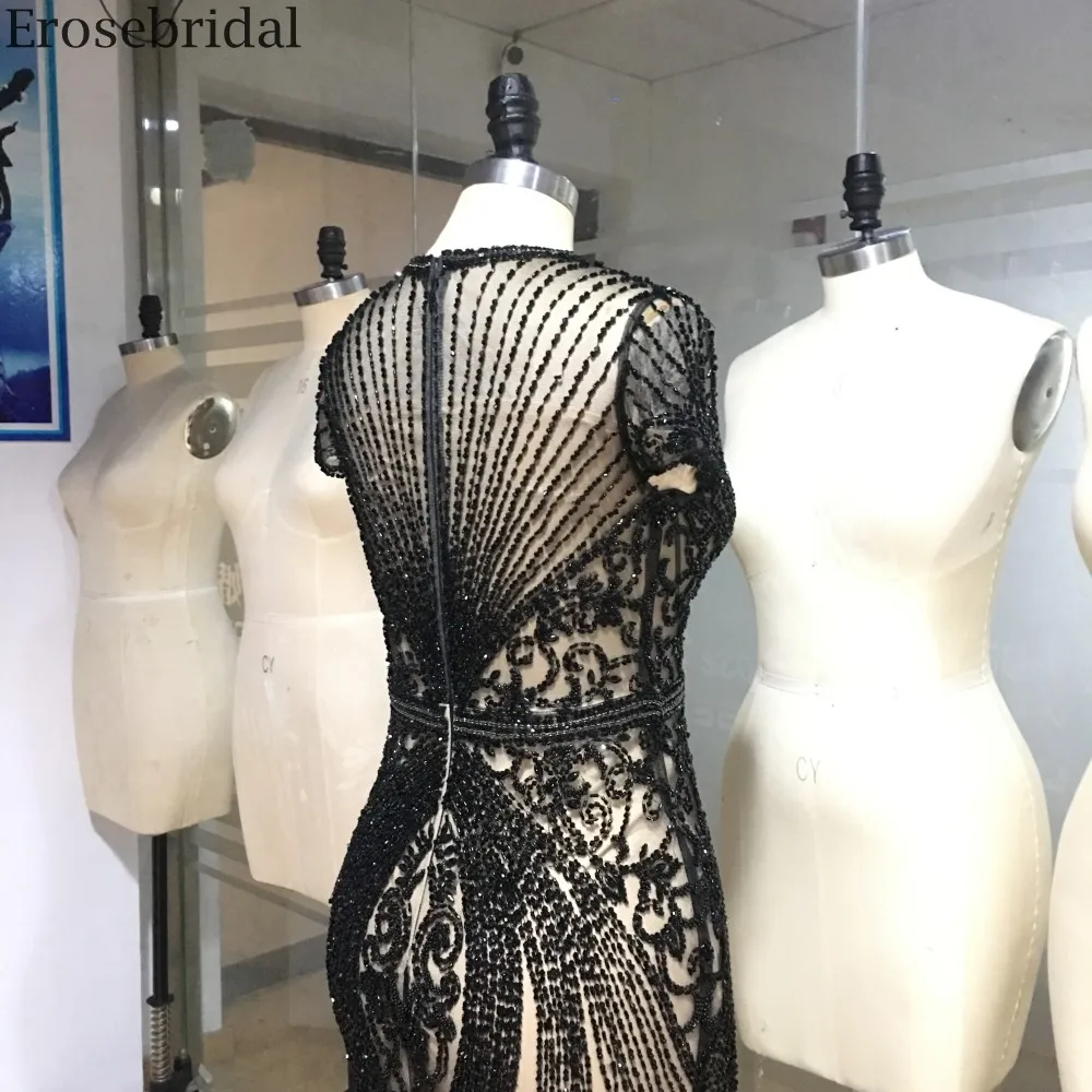 Erosebridal, черное платье для выпускного вечера, длинное,, короткий рукав, роскошное, расшитое бисером, Русалка, длинные платья со шлейфом, на молнии сзади, вечерние, длинное платье