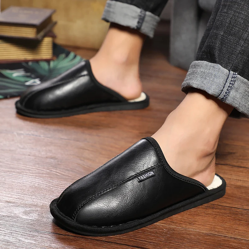 

Fur slippers for home Winter Plus size 45-46 Short Warm Platform slippers PU Leather Waterproof House slippers