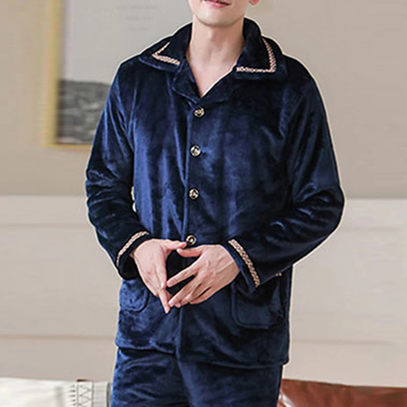 L-3XL Male Grey Nightwear Long Sleeve Winter Thicken Warm Flannel Pajamas Sets Soft Sleepwear Long Pant Male Men Pajamas Sets custom pajama pants Men's Sleep & Lounge