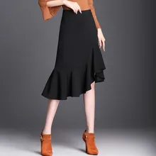 Новая высококачественная осенне-зимняя черная Асимметричная юбка, Женская оборка в виде рыбьего хвоста, чистая высокая Талия размера плюс M L XL2XL 3XL 4XL