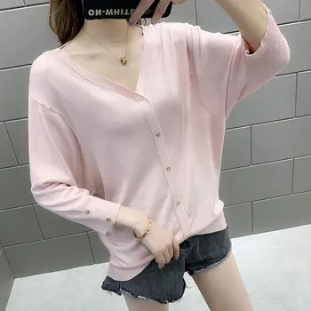 

V-neck Knitted Thin Section Sweater Women Loose Large Size Button Bat Sleeves Were Thin Jumpers Pullovers Female 2020 Spring
