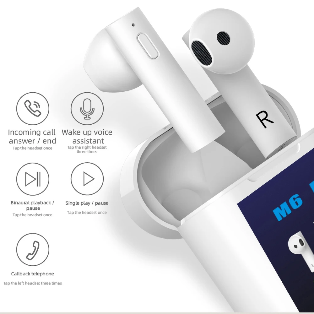 M6 PLUS TWS Wireless Earphone Wireless Headphones Tap Control Dual MIC Sport Bluetooth Headsets For iPhone Huawei Xiaomi Redmi