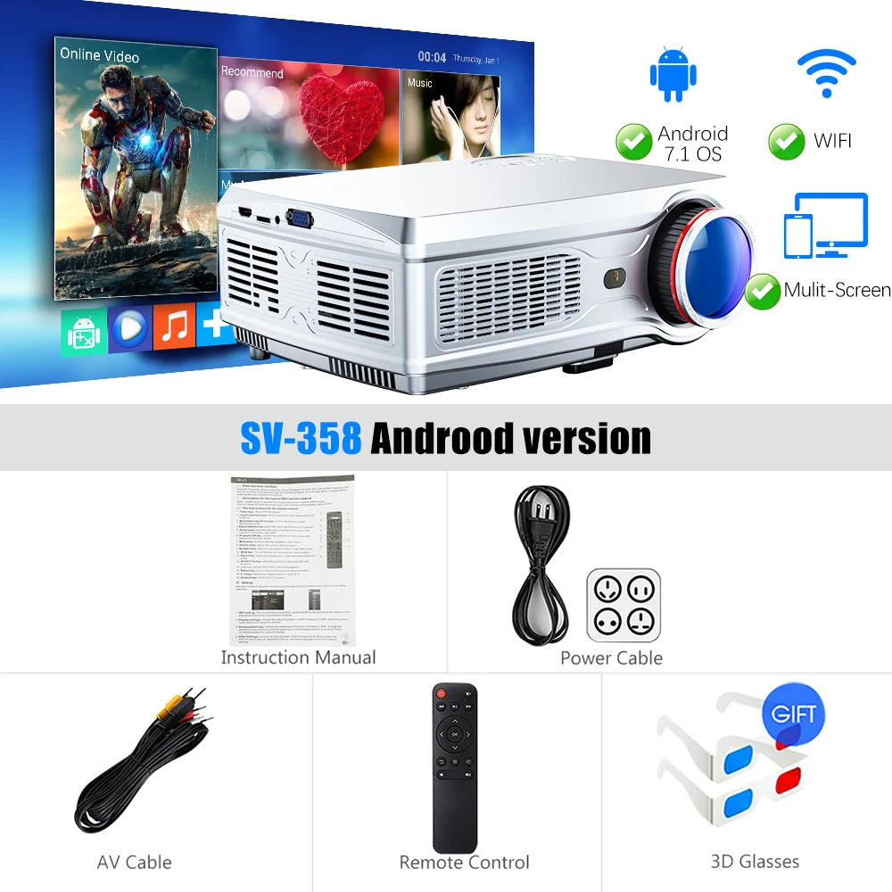 POWERFUL Full HD Projector 1080P LED proyector 3D Video Beamer HDMI for 4K Smart Android 7.1(2G+16G) Wireless Wifi Home Cinema 