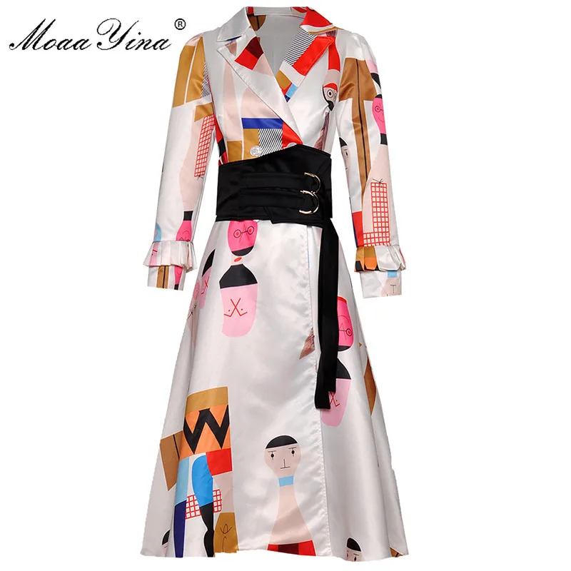 

MoaaYina Fashion Designer Runway dress Spring Autumn Women Dress Long sleeve Cartoon Print belt Double-breasted Elegant Dresses