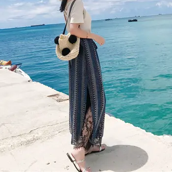 

Casual Loose Lace Patchwork Wide Leg Pants 2020 Summer Elastic Waist Belted Chiffon Womens Pants High Waist Women Pantalon Femme