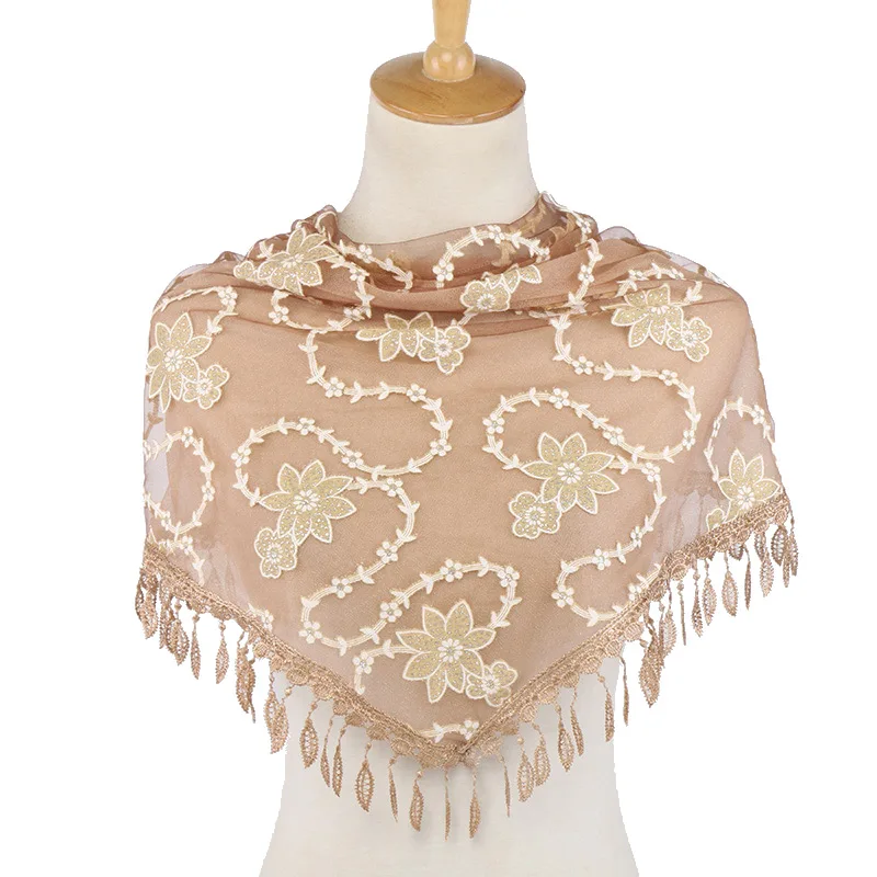 

Triangle lace floral hijab scarf tassels polyester shawls muslim fringed shawls wraps fashion headband scarves 10pcs/lot