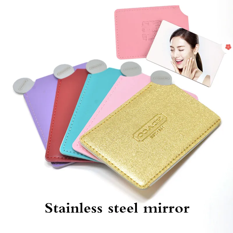 1PC Portable Shatter Proof Card Style Pocket Cosmetic Mirror PU Leather Cover Stainless Steel Unbreakable for treval party 1PC P
