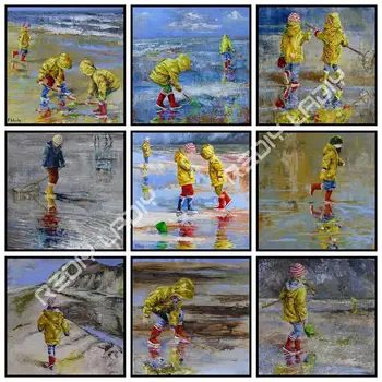 

5D DIY Diamond Painting Playing on Beach Full Square/Round Rhinestones Mosaic Pattern Diamond Embroidery Beaded Cross Stitch