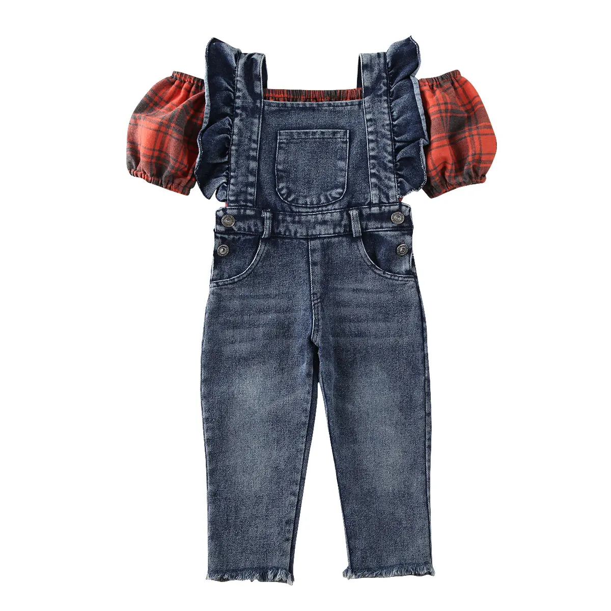  Fashion Baby Girl Clothes Sets 2Pcs Kids Balloon Short Sleeve Vest Crop Plaid Top+Denim Suspender B