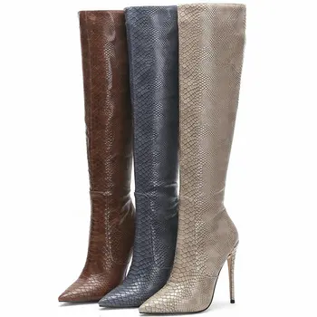 

Gray Apricot Brown Brand Designer Faux Leather Women Knee High Boots Pointed Toe Boots Women Long Super High Heel Zipper Boots