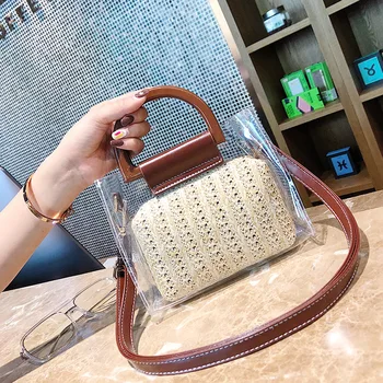 

Korean version of the ins transparent bag summer straw woven female bag fashion portable diagonal cross-mother bag small bag