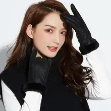 Зимние женские кожаные перчатки плюс пушистые манжеты теплые женские лыжные перчатки Зимние перчатки для женщин Guantes de nieve para mujer 30O10