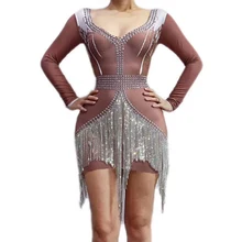 Блестящие кристаллы бахрома платье вечернее платье с длинными рукавами Стразы стрейч платья День Рождения Праздновать сценические костюмы DT1745