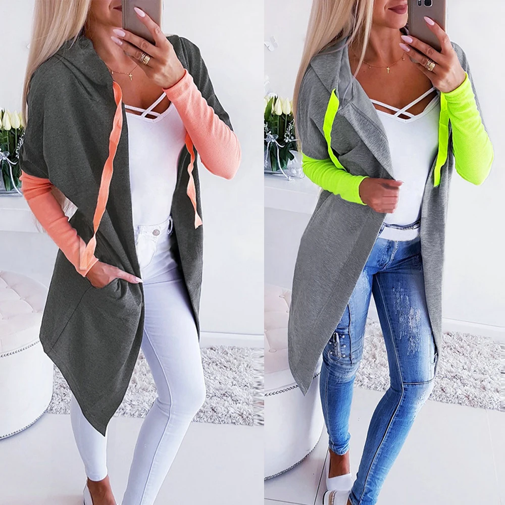 

Long Coat Winter Women Contrast Fluorescent Hooded Jackets 2019 New Ladies Casual Outwear Autumn Female Overcoat veste femme D30