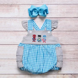 Vêtements d'été pour filles, barboteuse à carreaux bleu, sans manches, motif de broderie de super héros, barboteuse pour bébés 