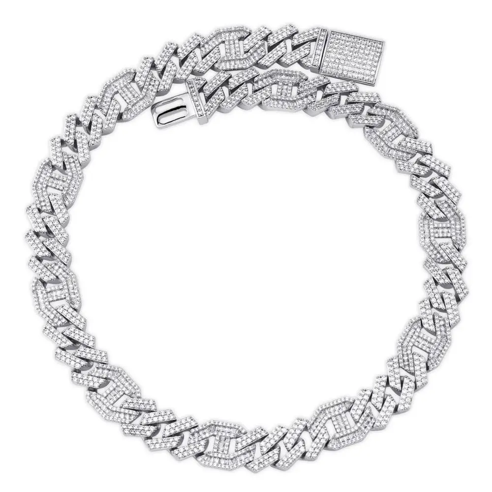 Silver JINAO Мужская цепочка 14 мм, циркониевое ожерелье из фианита, кубинское звено, багет, циркон, украшение в стиле хип-хоп, золото, серебро, розовое золото, 16-30 - Окраска металла: Silver