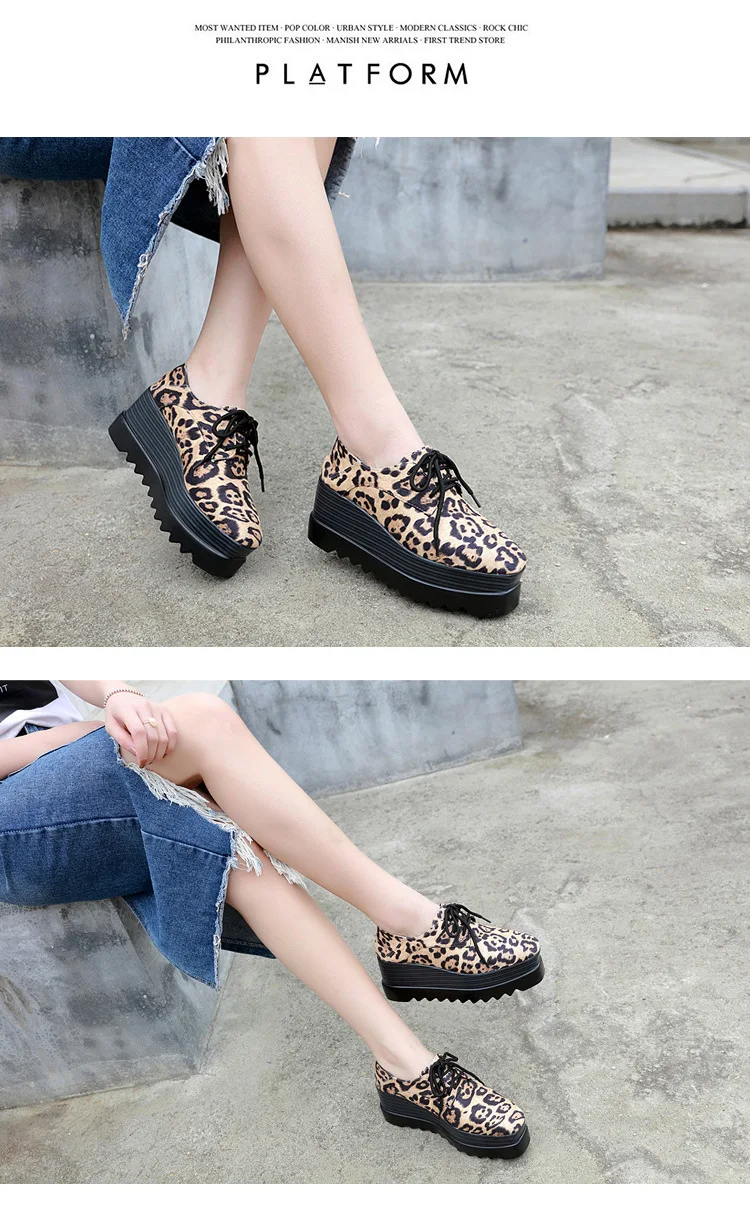 Square Toe leopard female single shoes woman wedges platform brogues creepers japanned leather lace up height increasing flats