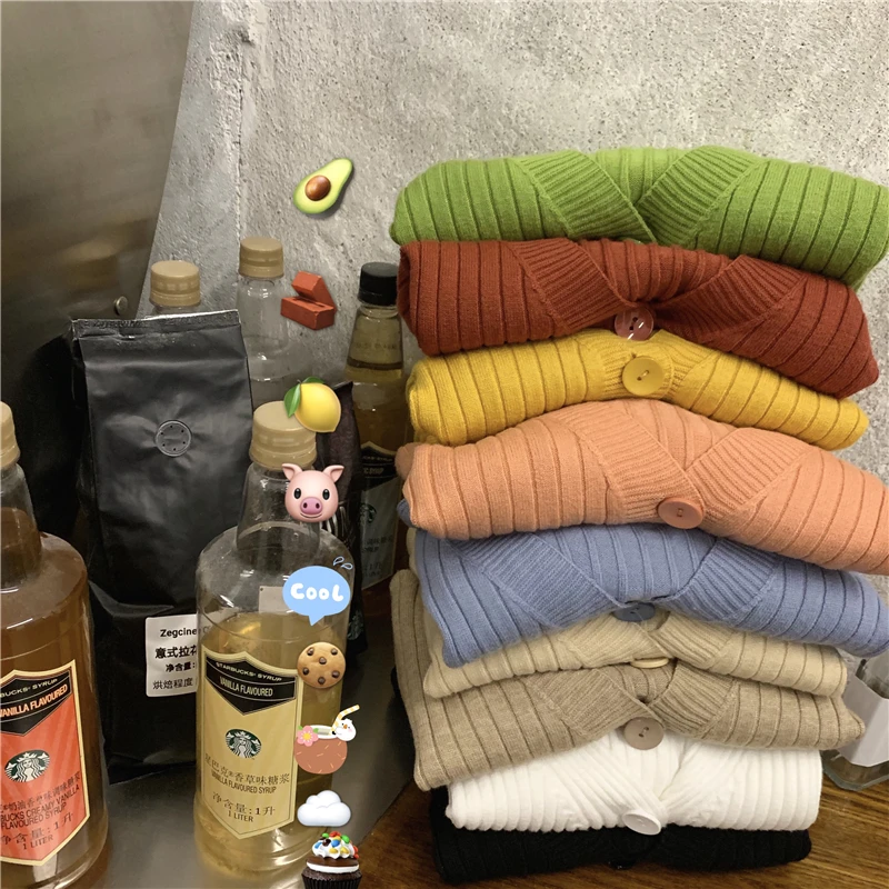 Short Cardigan Women V-Neck Knitted Sweater Coat Long Sleeve Tops Single Breasted with Three Buttons Casual Cardigans